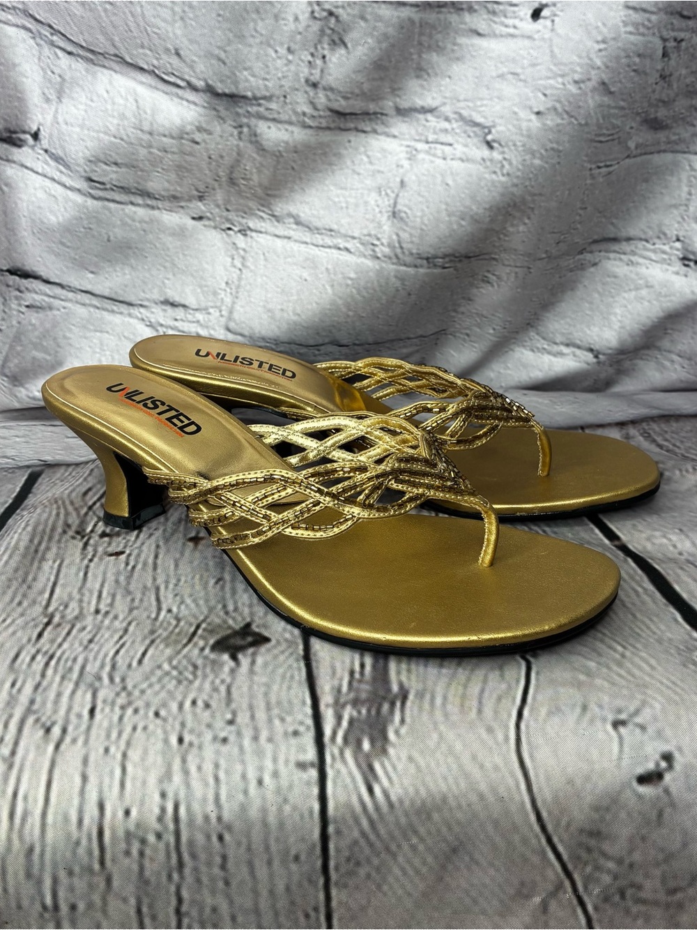 Vtg y2k Metallic Whimsigoth Gold Beaded Boho Chic Flare Kitten Heel Sandals 6.5
